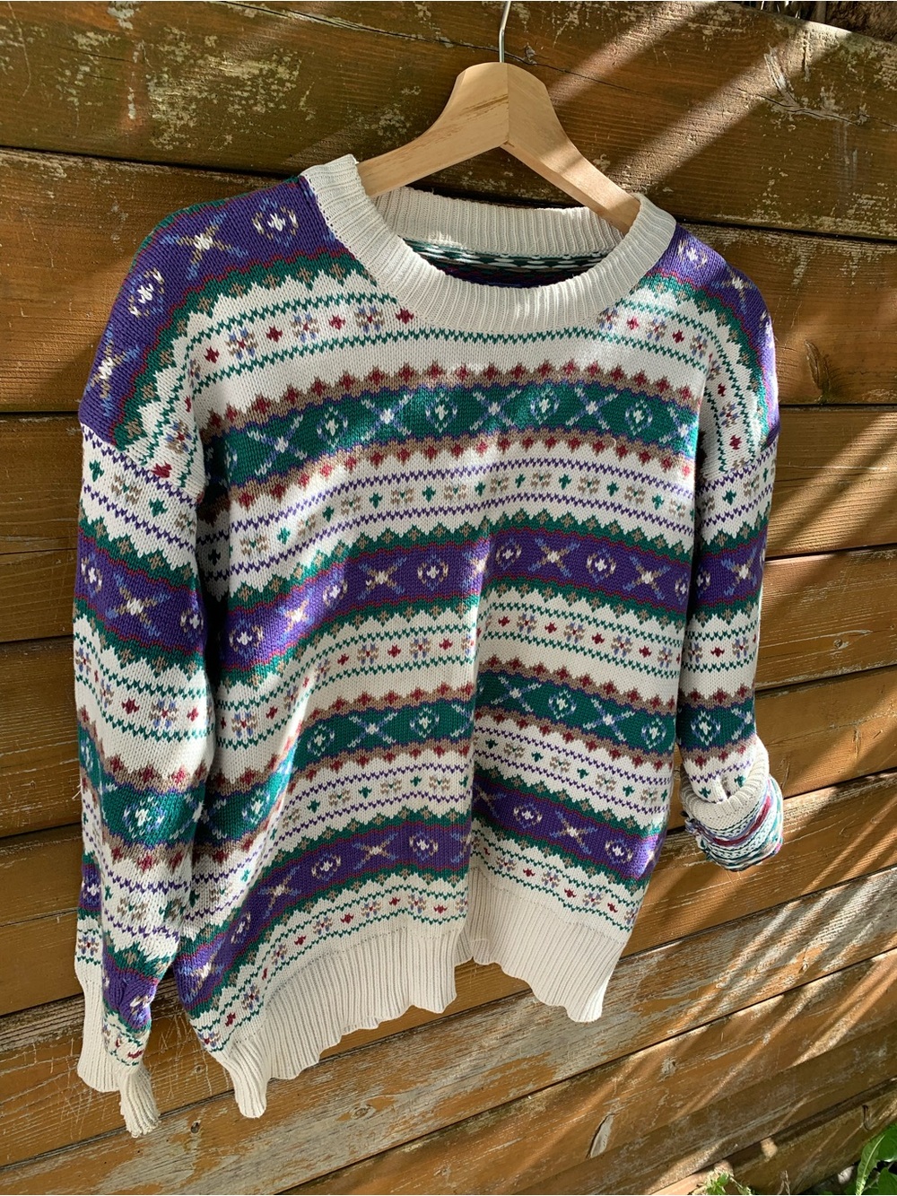 Vintage Fair Isle Nordic Crewneck Knit Sweater Purple Green Cream M/L
